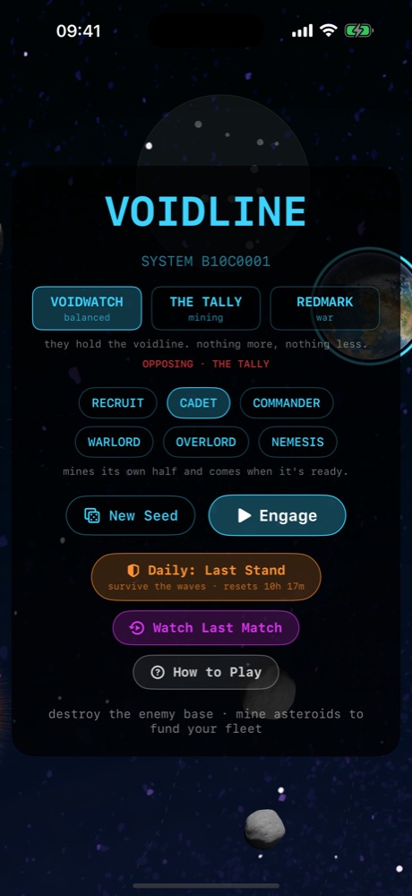 Voidline on iPhone: the start screen