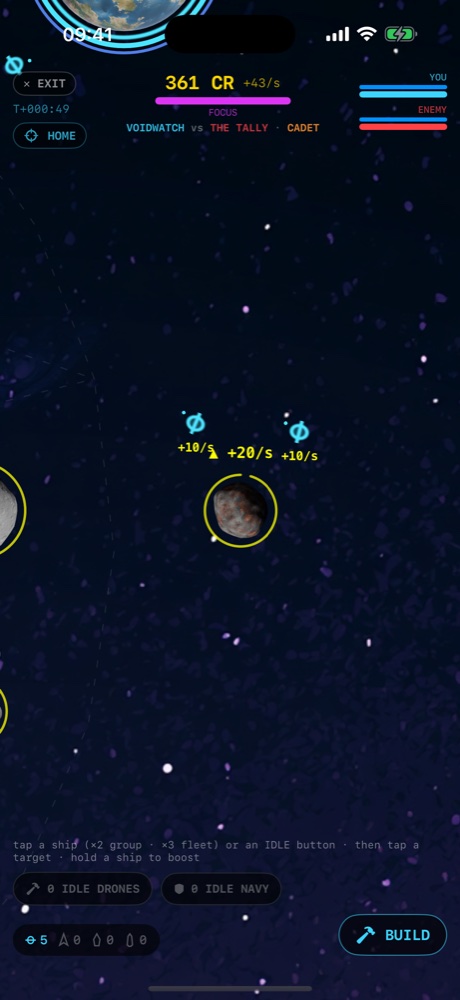 Voidline on iPhone: two drones mining an asteroid, each showing its credits per second