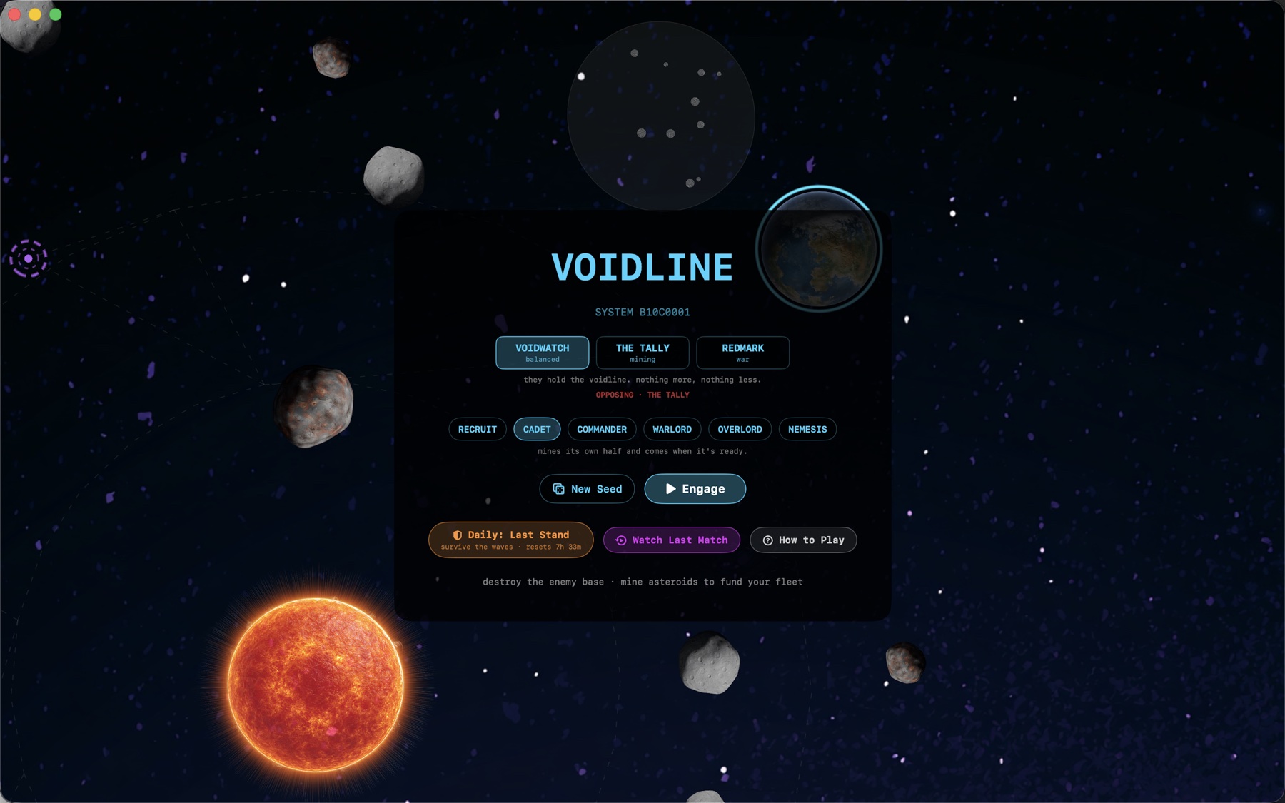 The Voidline start screen: three navies, six AI rungs, New Seed, Engage, Daily Last Stand