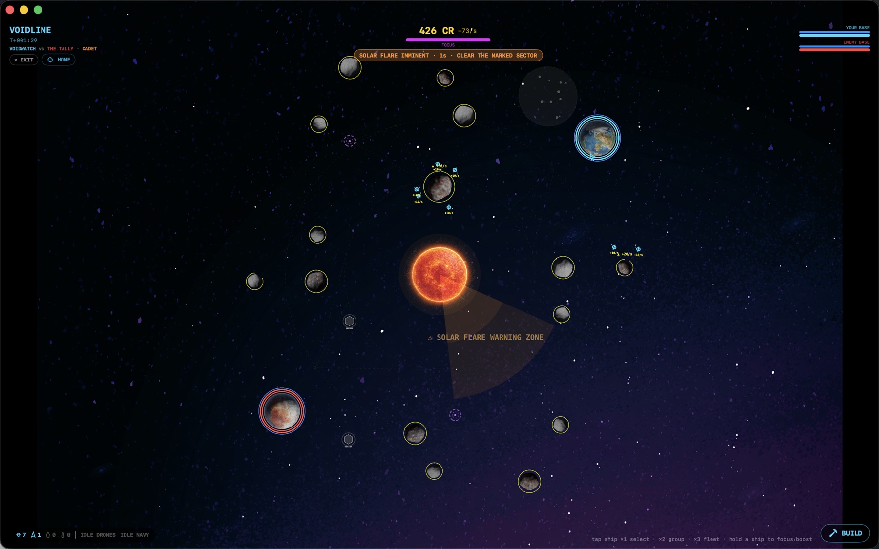 Drones mining asteroids with credit-per-second labels beside each rock
