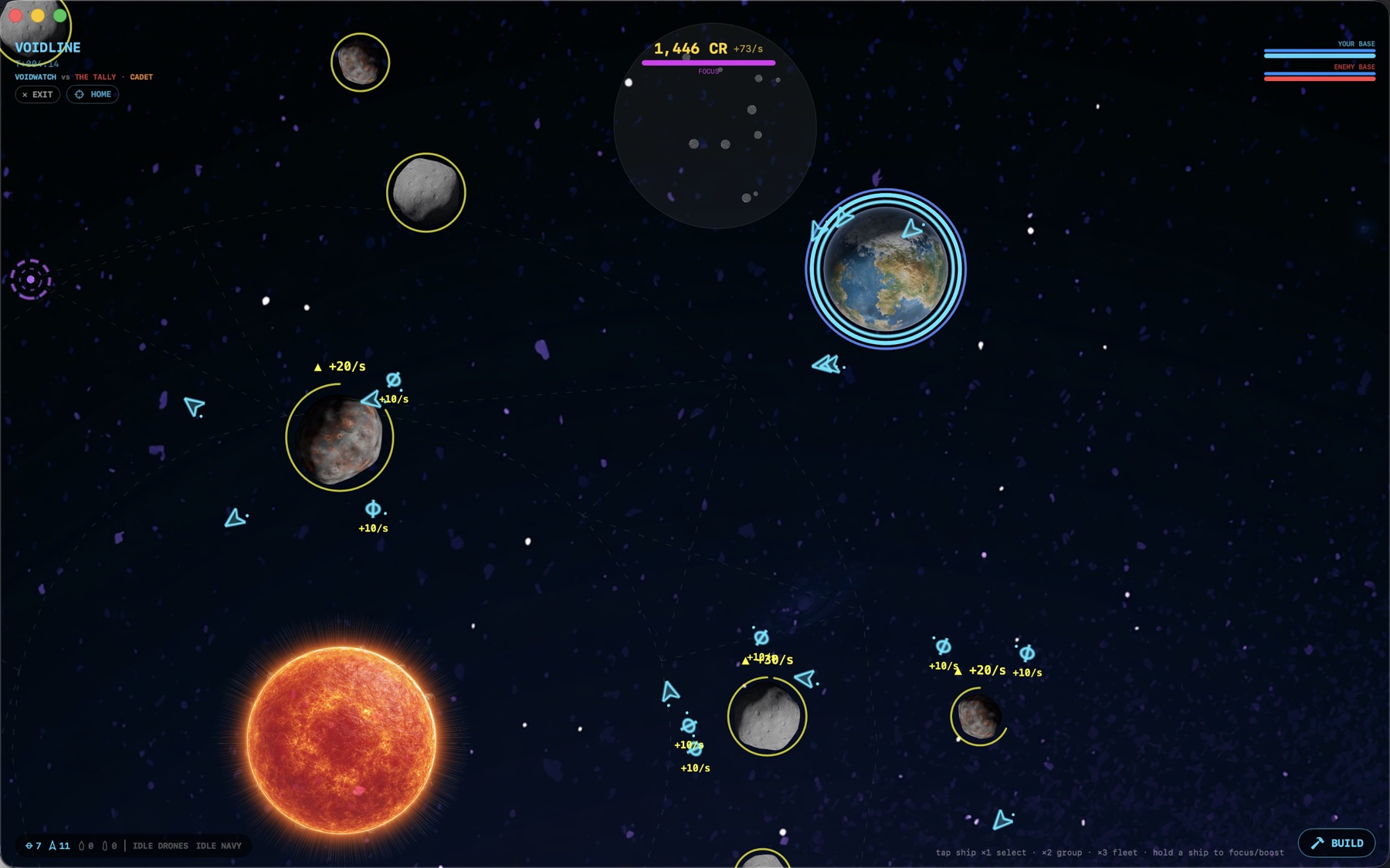 Voidline on Mac: cyan fighters gather over a blue homeworld while drones mine yellow-ringed asteroids near the star