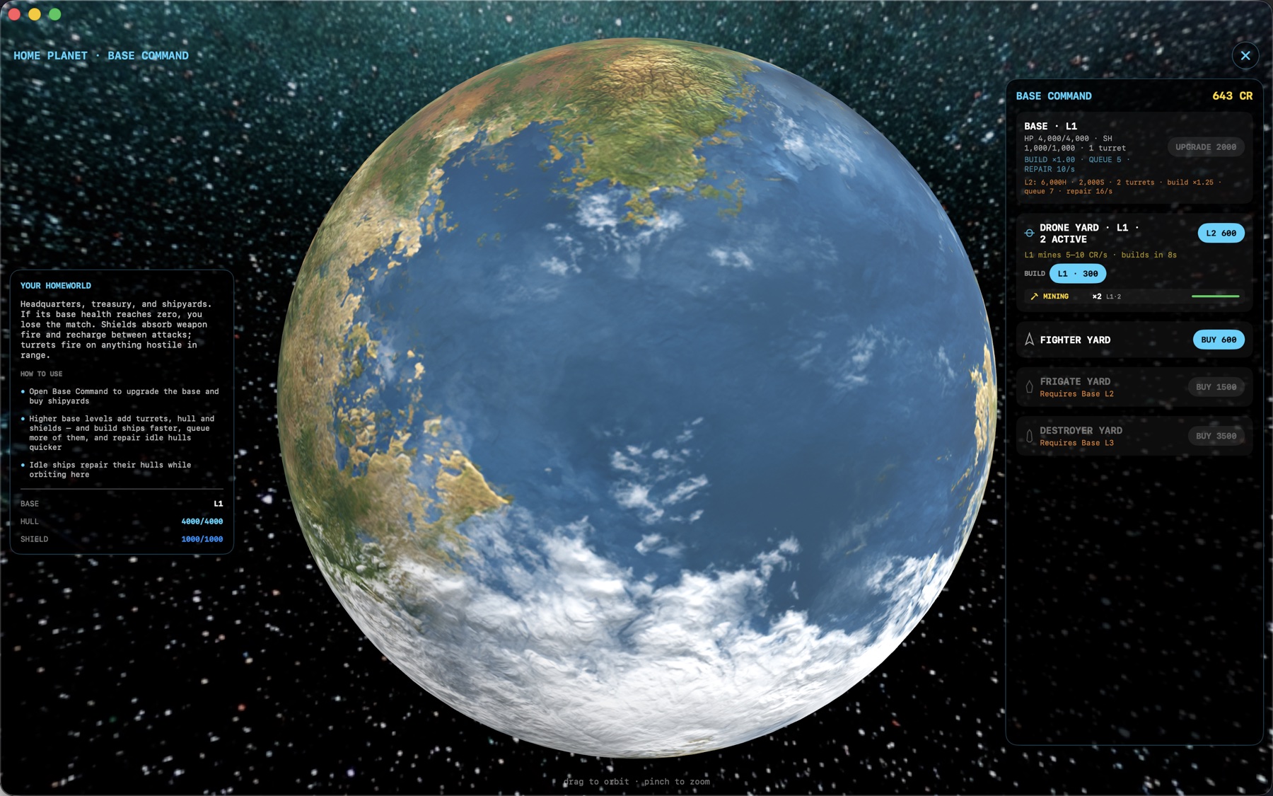 A full-screen 3D view of the home planet with its stats panel